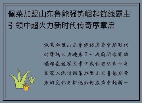 佩莱加盟山东鲁能强势崛起锋线霸主引领中超火力新时代传奇序章启